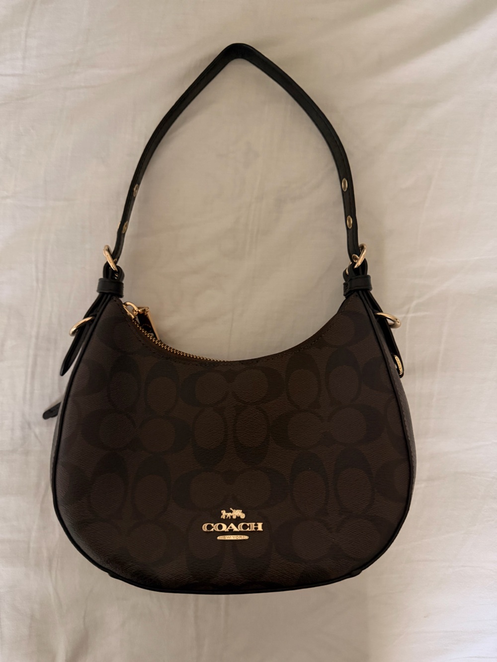 Coach Dark Brown Signature Crescent Hobo with Gold Hardware